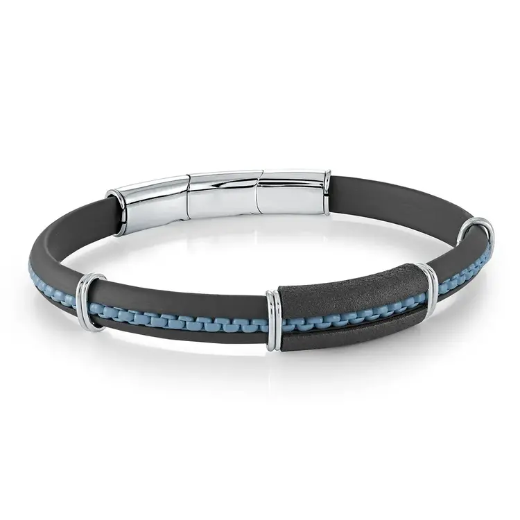 SBR25 ITALGEM STAINLESS STEEL BLACK RUBBER BLUE BOX LINK CENTER 7.5" MEN'S BRACELET