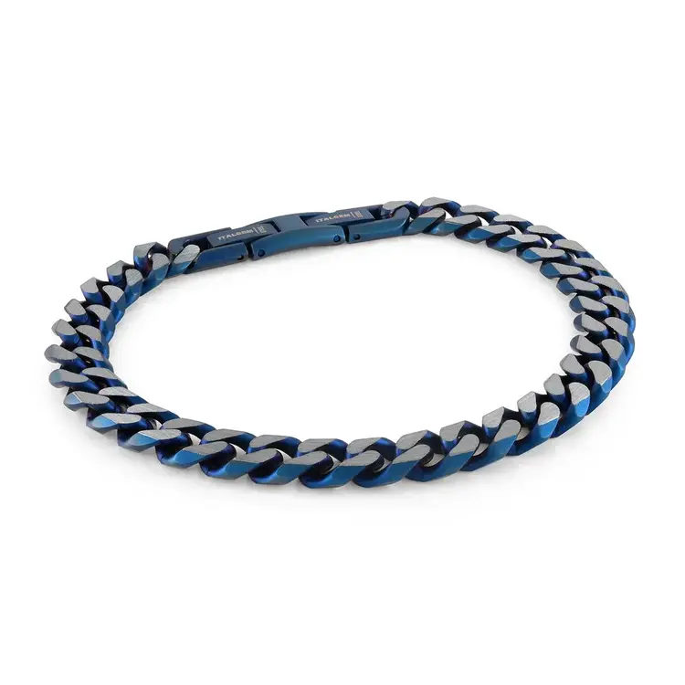 SMB490 ITALGEM STAINLESS STEEL BLUE IP DIAMOND CUT CURB LINK 8.6MM 8"  MEN'S  BRACELET