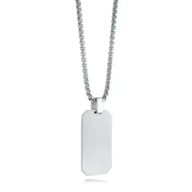 SP372 ITALGEM STAINLESS STEEL BEVEL EDGE DOG TAG WITH 22' BOX LINK CHAIN NECKLACE