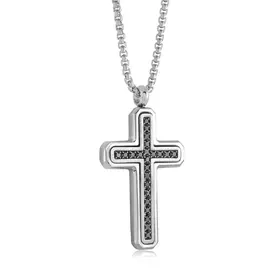 SC210 ITALGEM STAINLESS STEEL BLACK CUBIC ZIRCONIA EDGED CROSS WITH 22' BOX LINK CHAIN NECKLACE