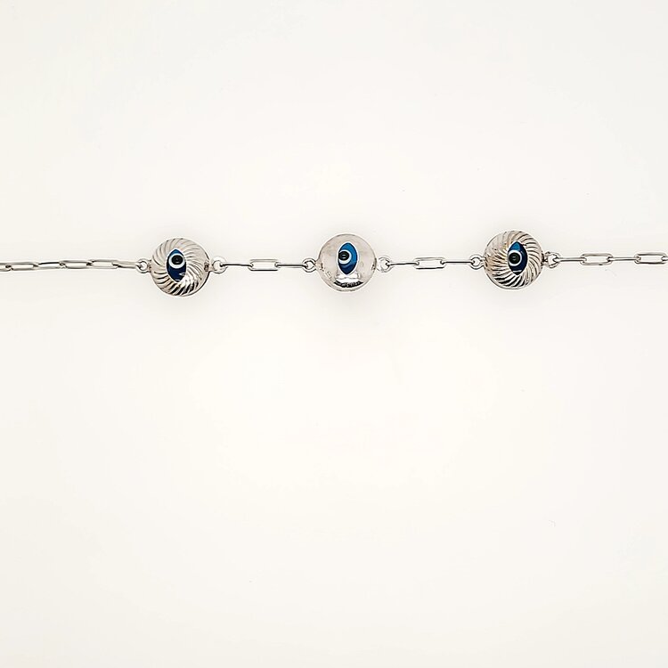 20427 14K WHITE GOLD PAPER CLIP LINK THREE EVIL EYE LADIES BRACELET