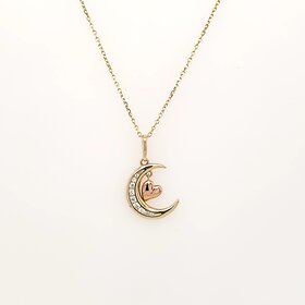 70686 14K TWO TONE CUBIC ZIRCONIA MOON AND HANGING HEART PENDANT NECKLACE