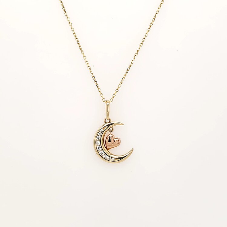 70686 14K TWO TONE CUBIC ZIRCONIA MOON AND HANGING HEART PENDANT NECKLACE