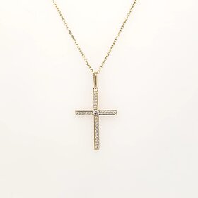 70685 14K YELLOW GOLD CUBIC ZIRCONIA HALF BAR SETTING CROSS PENDANT NECKLACE