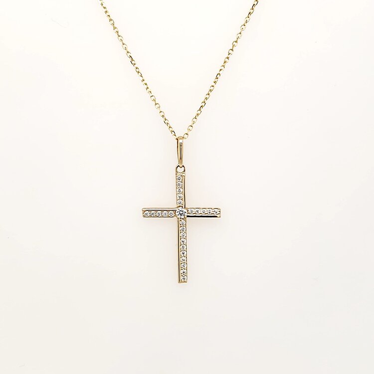 70685 14K YELLOW GOLD CUBIC ZIRCONIA HALF BAR SETTING CROSS PENDANT NECKLACE