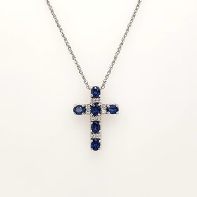 75059 14K WHITE GOLD .15CTW DIAMOND OVAL SAPPHIRE CROSS PENDANT NECKLACE