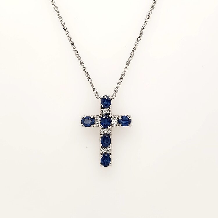 75059 14K WHITE GOLD .15CTW DIAMOND OVAL SAPPHIRE CROSS PENDANT NECKLACE