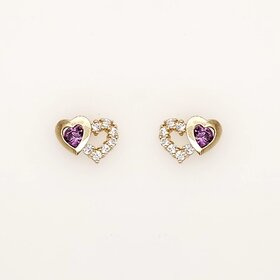31327 14K YELLOW GOLD WHITE AND PURPLE CUBIC ZIRCONIA DOUBLE HEART SCREWBACKS