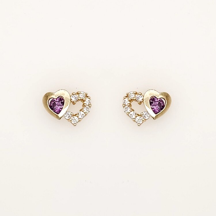 31327 14K YELLOW GOLD WHITE AND PURPLE CUBIC ZIRCONIA DOUBLE HEART SCREWBACKS