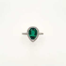40374 14K WHITE GOLD .25CTW DIAMOND HALO PEAR SHAPE SYNTHETIC EMERALD LADIES RING