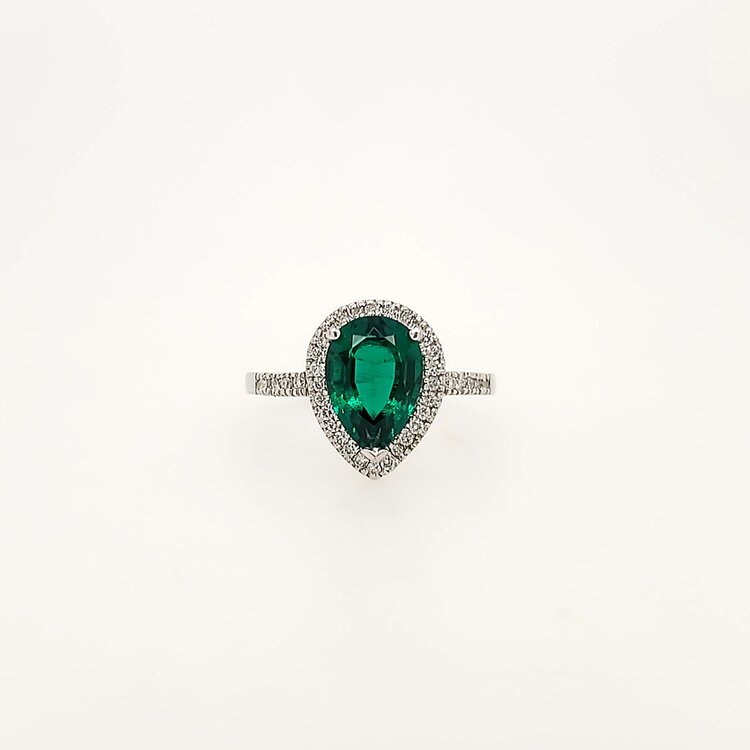 40374 14K WHITE GOLD .25CTW DIAMOND HALO PEAR SHAPE SYNTHETIC EMERALD LADIES RING