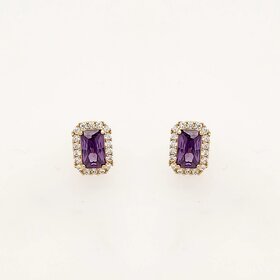 31329 14K YELLOW GOLD RECTANGLE PURPLE CUBIC ZIRCONIA HALO SCREWBACKS STUDS BABY EARRINGS