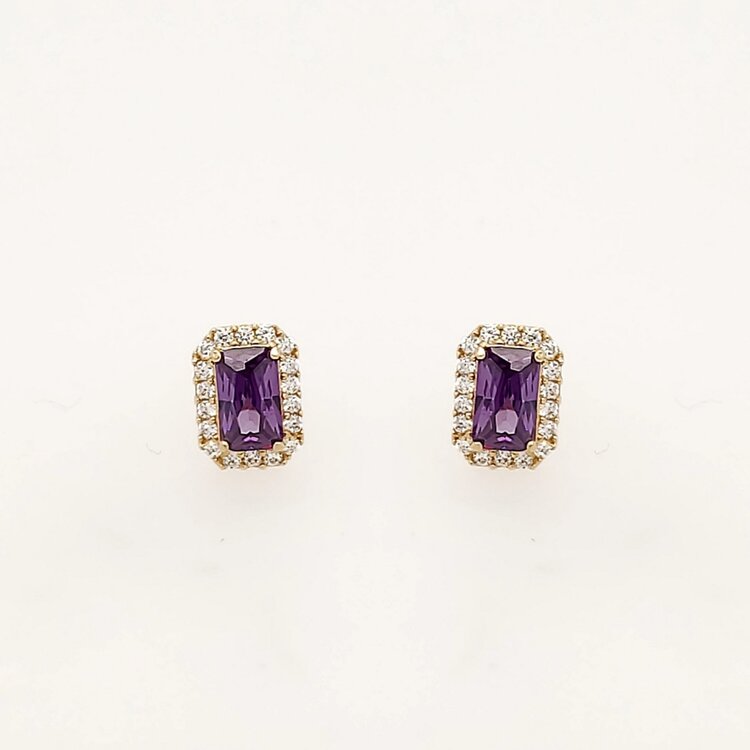 31329 14K YELLOW GOLD RECTANGLE PURPLE CUBIC ZIRCONIA HALO SCREWBACKS STUDS BABY EARRINGS