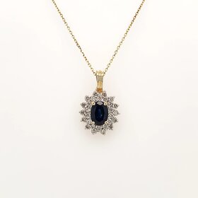 75060 14K YELLOW GOLD .30CTW DIAMOND DOUBLE HALO OVAL SAPPHIRE PENDANT NECKLACE