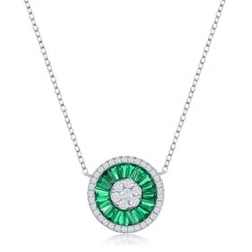 80401 CLASSIC STERLING SILVER WHITE AND GREEN SYNTHETIC  EMERALD BAGUETTE  CUBIC ZIRCONIA CIRCLE NECKLACE