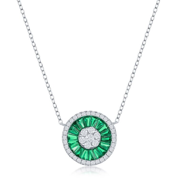 80401 CLASSIC STERLING SILVER WHITE AND GREEN SYNTHETIC  EMERALD BAGUETTE  CUBIC ZIRCONIA CIRCLE NECKLACE