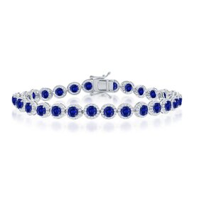 80404 CLASSIC STERLING SILVER ROUND HALO WHITE AND BLUE CUBIC ZIRCONIA LINKED BRACELET