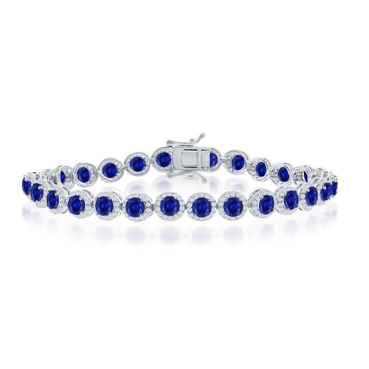80404 CLASSIC STERLING SILVER ROUND HALO WHITE AND BLUE CUBIC ZIRCONIA LINKED BRACELET
