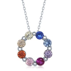 80405 CLASSIC STERLING SILVER RAINBOW CUBIC ZIRCONIA OPEN CIRCLE PENDANT NECKLACE