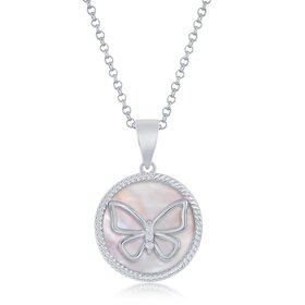 80406 CLASSIC STERLING SILVER CUBIC ZIRCONIA BUTTERFLY ROUND PINK MOTHER OF PEARL PENDANT NECKLACE