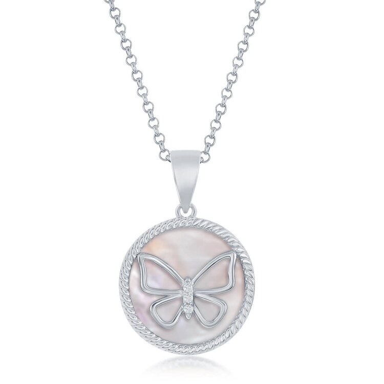 80406 CLASSIC STERLING SILVER CUBIC ZIRCONIA BUTTERFLY ROUND PINK MOTHER OF PEARL PENDANT NECKLACE