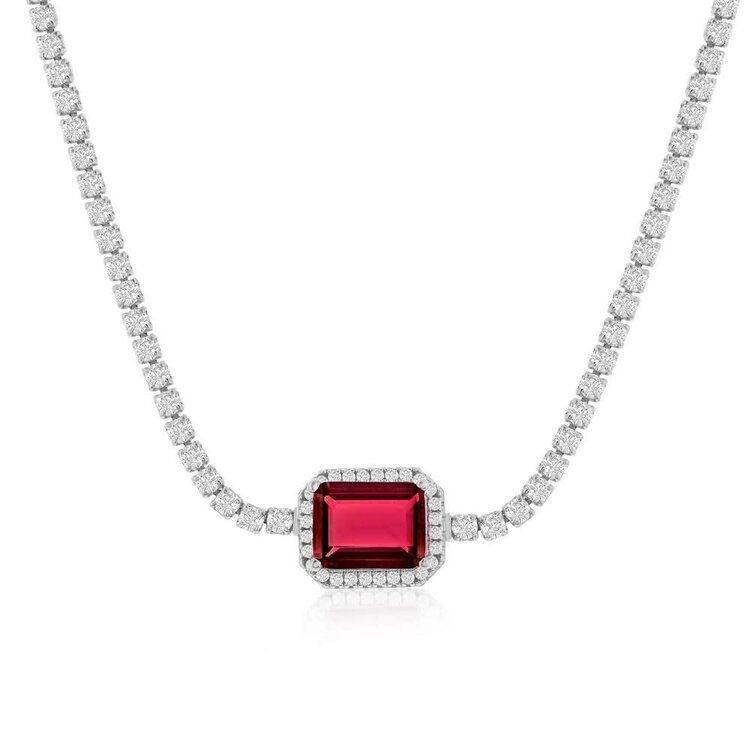 80407 CLASSIC STERLING SILVER CUBIC ZIRCONIA ASSCHER CUT RED SYNTHETIC RUBY TENNIS CHOKER WITH EXTENSION