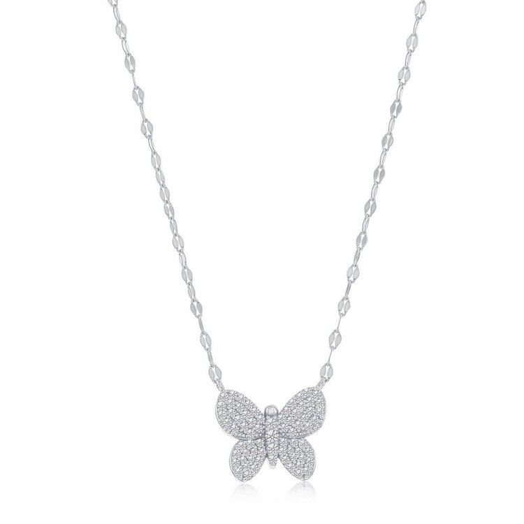 80415 CLASSIC STERLING SILVER CUBIC ZIRCONIA BUTTERFLY MIRROR CHAIN NECKLACE
