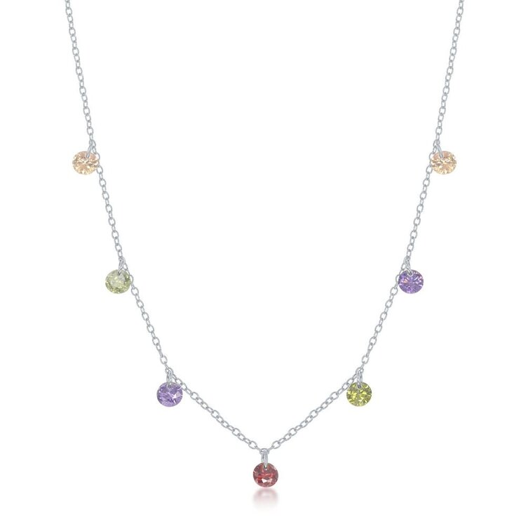 80416 CLASSIC STERLING SILVER DANGLING RAINBOW CUBIC ZIRCONIA NECKLACE