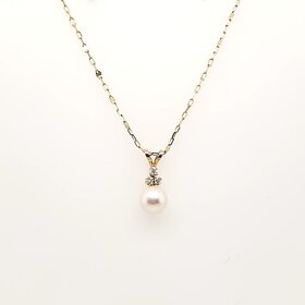 70695 14K YELLOW GOLD 5.90MM SOLITAIRE PEARL DIAMOND BUNNY BAIL PENDANT NECKLACE