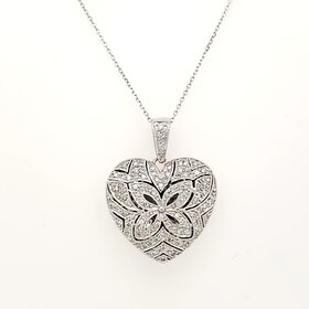 70693 14K WHITE GOLD .75CTW DIAMOND MILGRAIN CUT OUT HEART LOCKET PENDANT NECKLACE