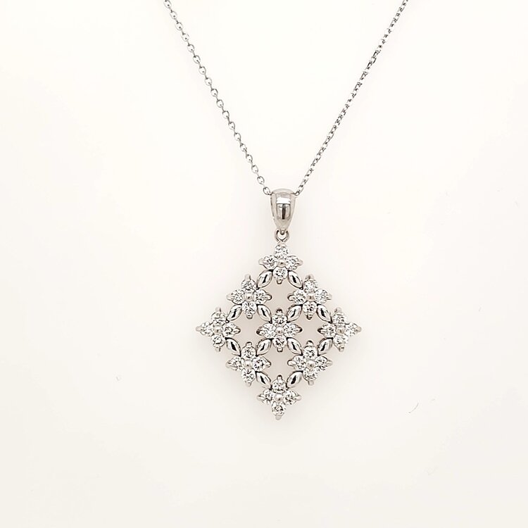 70691 18K WHITE GOLD .75CTW DIAMOND RHOMBUS SHAPE FLORAL PENDANT WITH 14K WHITW GOLD CHAIN NECKLACE