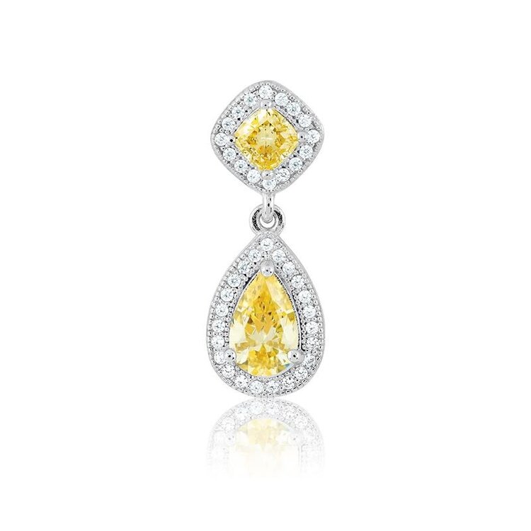 80424 CLASSIC STERLING SILVER MICRO PAVE HALO PEAR SHAPE YELLOW CUBIC ZIRCONIA SQUARE TOP BALE FANCY PENDANT NEKCLACE