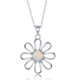 80425 CLASSIC STERLING SILVER WHITE OPAL FLOWER PENDANT NECKLACE