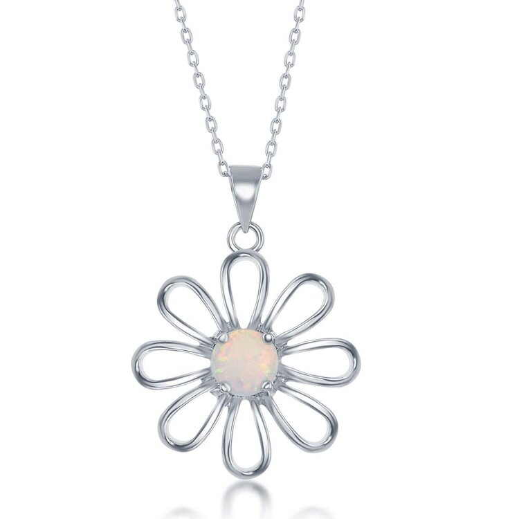 80425 CLASSIC STERLING SILVER WHITE OPAL FLOWER PENDANT NECKLACE