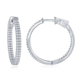 80443 CLASSIC STERLING SILVER 30MM DOUBLE ROW CUBIZC ZIRCONIA INSIDE OUT HOOPS EARRINGS