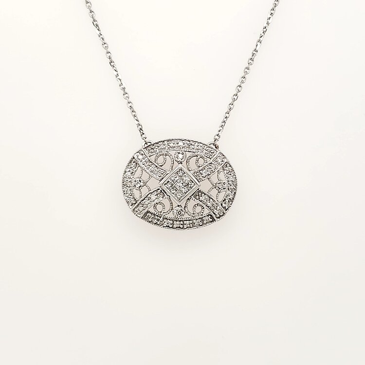 70697 14K WHITE GOLD .60CTW DIAMOND VINTAGE OVAL NECKLACE