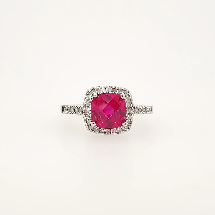40379 10K WHITE GOLD DIAMOND CHEKER BOARD FUCSIA STONE LADIES FASHION RING