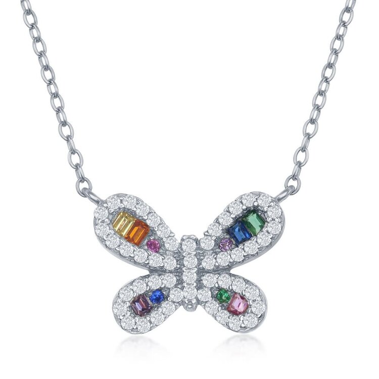 80420 CLASSIC STERLING SILVER RAINBOW CUBIC ZIRCONIA BUTTERFLY NECKLACE