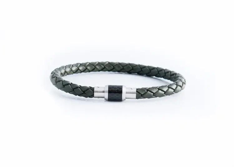 SLB228 ITALGEM STAINLESS STEEL ARMY GREEN LEATHER CARBON CLASP MEN'S BRACELET
