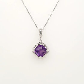 71238 14K WHITE GOLD HALF HALO DIAMOND  CUSHION CUT AMETHYST PENDANT NECKLACE