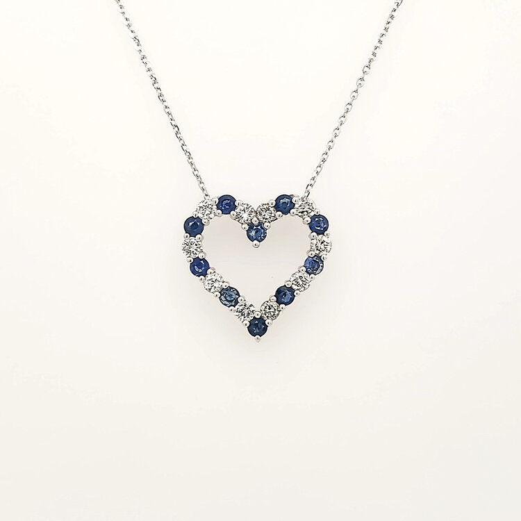 70702 14K WHITE GOLD .50CTW DIAMOND .54CTW SAPPHIRE OPEN HEART SLIDE PENDANT NECKLACE