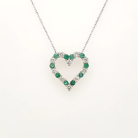 70703 14K WHITE GOLD .50CTW DIAMOND .37CTW EMERALD OPEN HEART SLIDE PENDANT NECKLACE