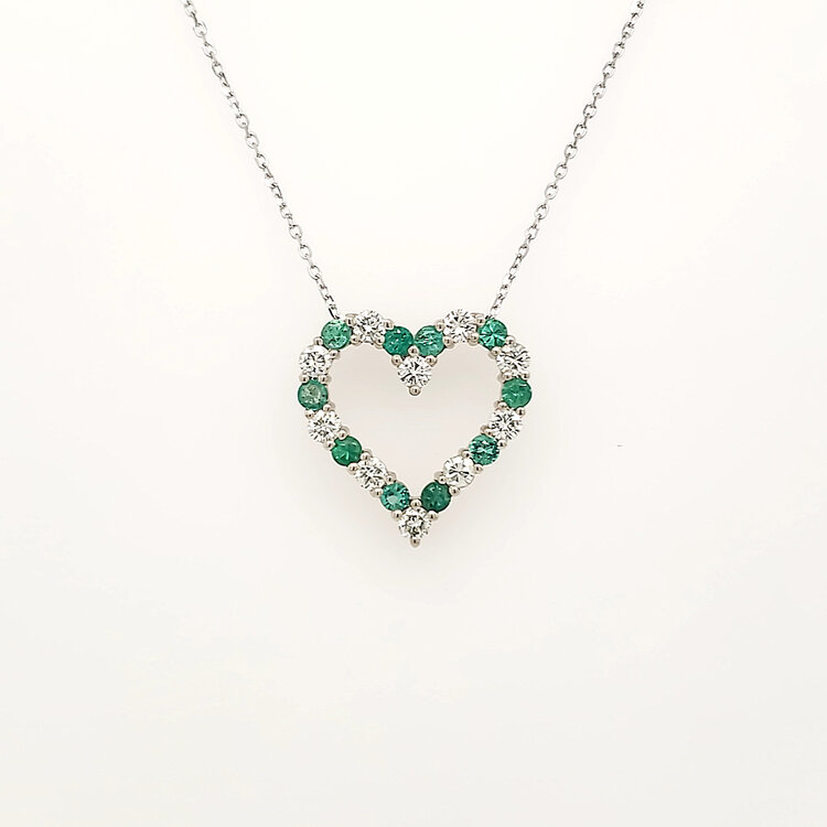 70703 14K WHITE GOLD .50CTW DIAMOND .37CTW EMERALD OPEN HEART SLIDE PENDANT NECKLACE