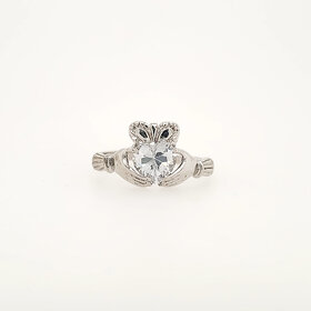 40389 14K WHITE GOLD HEART SHAPED CUBIC ZIRCONIA CLADDAGH RING
