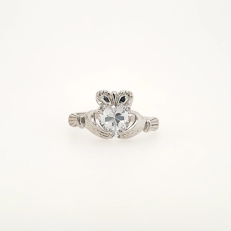 40389 14K WHITE GOLD HEART SHAPED CUBIC ZIRCONIA CLADDAGH RING