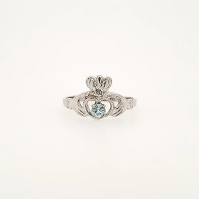 40391 14K WHITE GOLD HIGH POLISH ROUND AQUAMARINE CENTER CLADDAGH RING