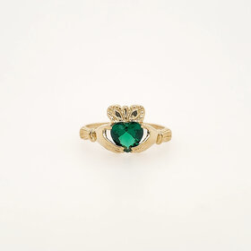 40392 14K YELLOW GOLD HEART SHAPE SYNTHETIC EMERALD CLADDAGH RING