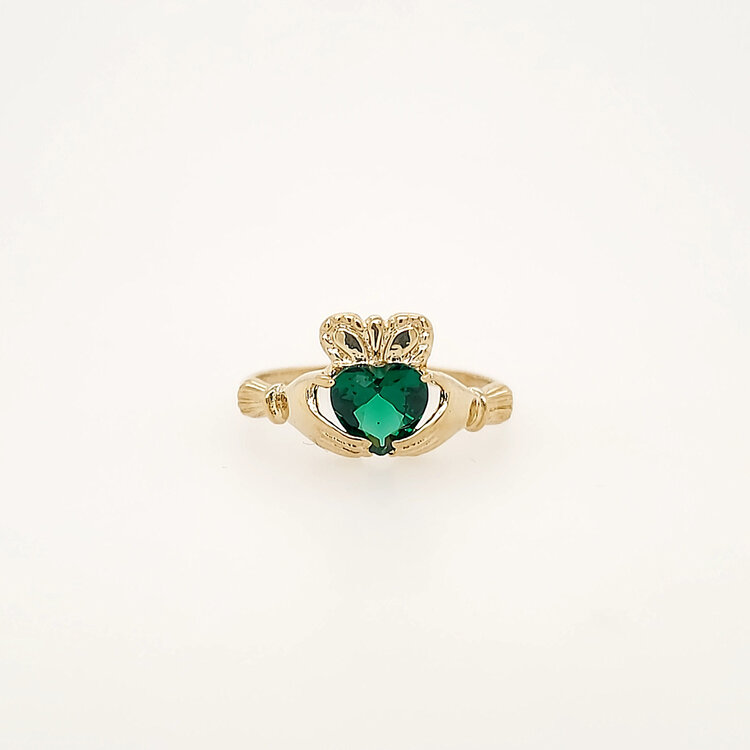 40392 14K YELLOW GOLD HEART SHAPE SYNTHETIC EMERALD CLADDAGH RING