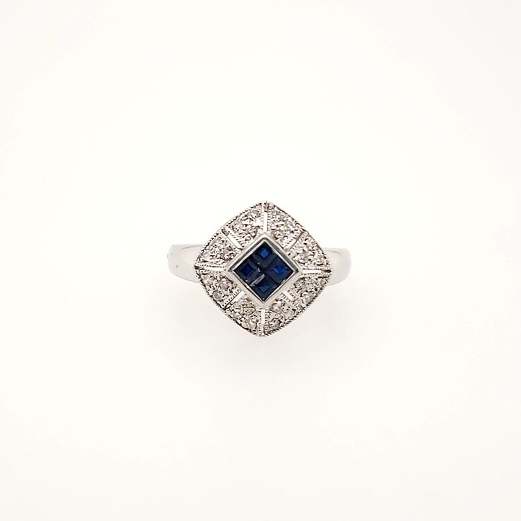 40396 14K WHITE GOLD.25CTW DIAMOND  RHOMBUS SHAPE PRINCESS CUT SAPPHIRE MILGRAIN VINTAGE DESIGN LADIES RING