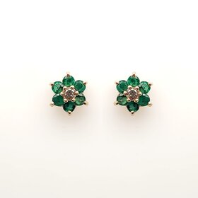 31346 14K YELLOW GOLD DIAMOD EMERALD FLOWER TUDS